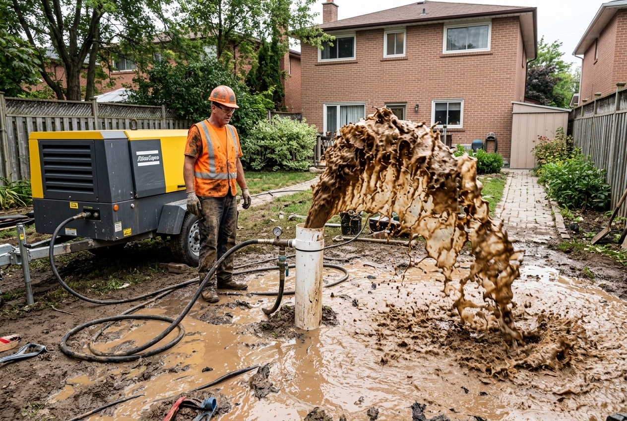 High pressure water flushing out of a borewell pipe during cleaning